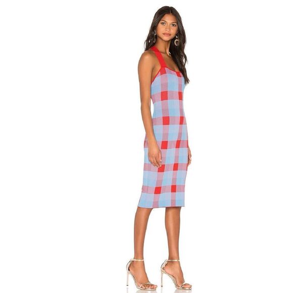 Parker Ayla Knit Midi Dress in Plaid Blue, Red Size M - Picture 3 of 12